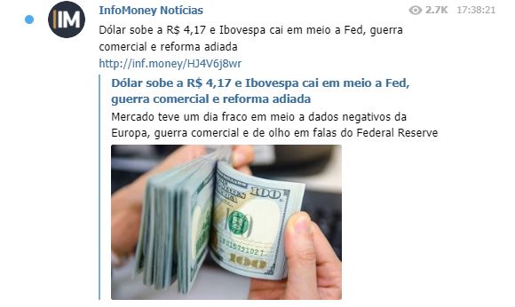 Notícia publicada no Telegram do InfoMoney (Crédito: Reprodução)