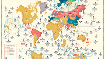 Mapa-mundi com as empresas mais antigas de cada continente