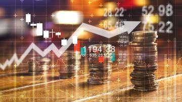 Finance and business concept. Investment graph and rows growth and of coins on table - PIMCO