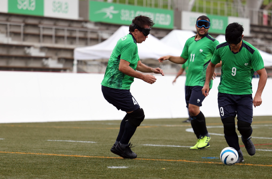 Atletas da selecao durante Treino de futebol de cinco em Hamamatsu, cidade-sede da delegação Brasileira para aclimatação antes dos Jogos Paralímpicos de Toquio (Matsui Mikihito/CPB)