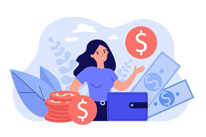 Happy female entrepreneur surrounded money and showing gold coin isolated flat vector illustration. Cartoon bank consumer refinancing loan. Personal financial target and business concept custo efetivo total