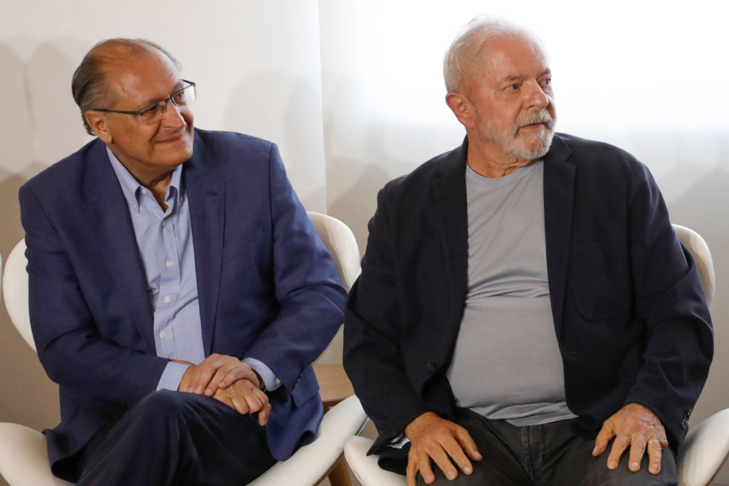 SAO PAULO, BRAZIL - OCTOBER 17: Leftist leader and presidential candidate of Workers' Party Lula Da Silva and his running mate Geraldo Alckmin look on during a rally with religious leaders at Casa de Portugal on October 17, 2022 in Sao Paulo, Brazil. Lula da Silva will face incumbent Jair Bolsonaro on October 30th presidential run-off. (Photo by Ricardo Moreira/Getty Images)