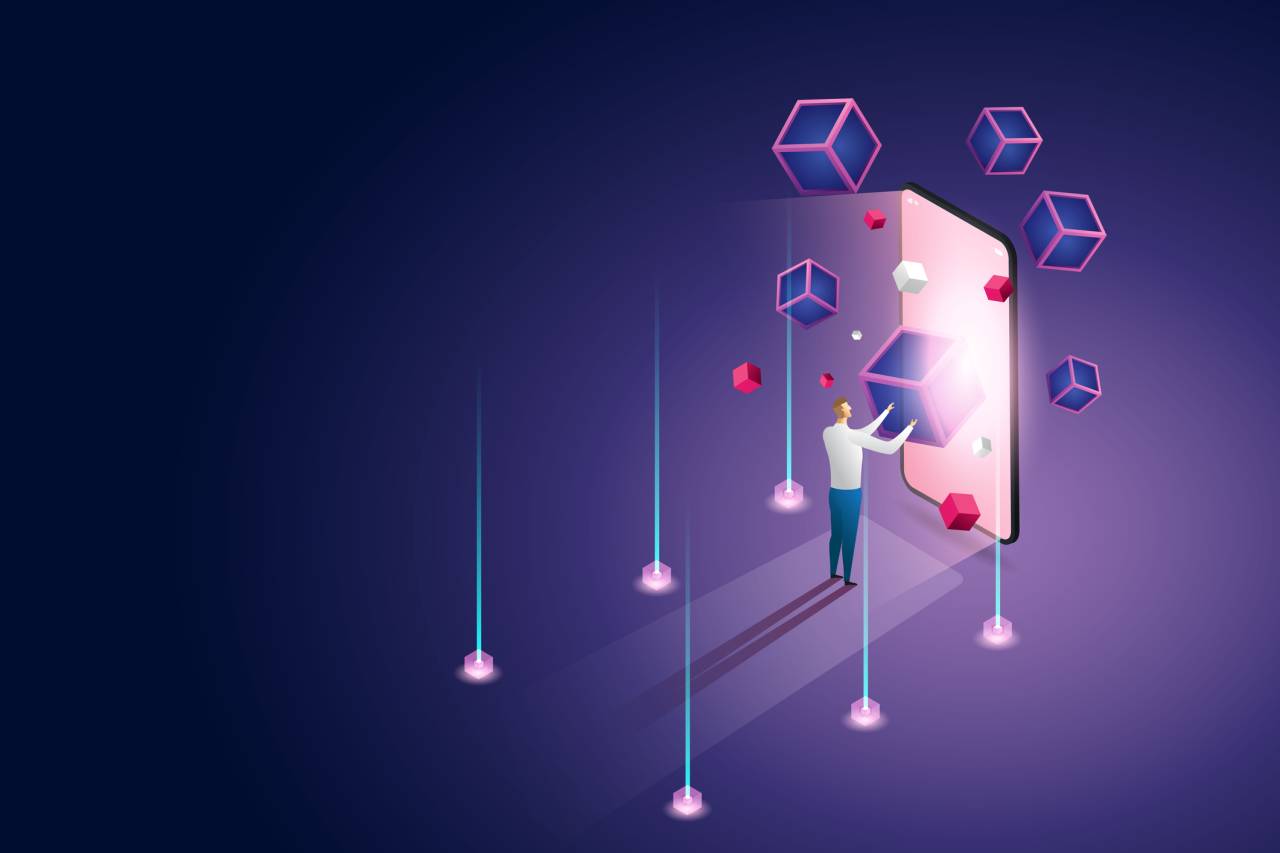 A man stands and experiences Blockchain technology for smartphone."nFuture Technology Concept Blockchain Cryptocurrency. isometric vector illustration.