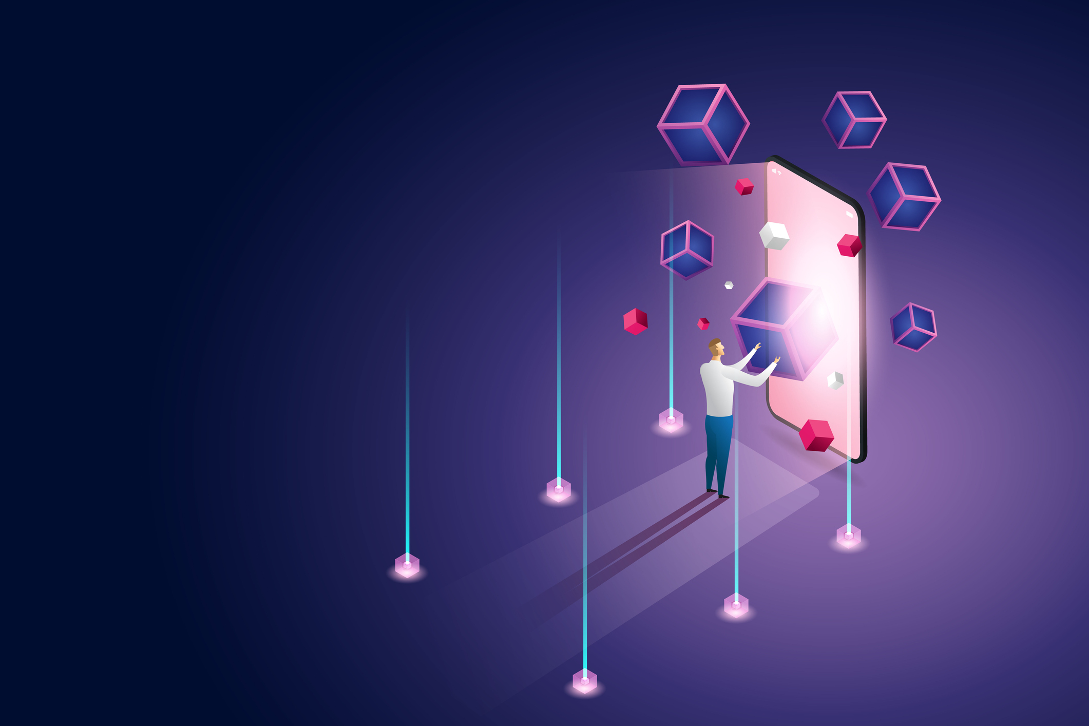 A man stands and experiences Blockchain technology for smartphone."nFuture Technology Concept Blockchain Cryptocurrency. isometric vector illustration.