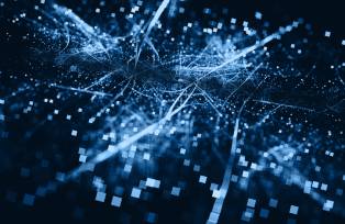 Padrão abstrato de conexão de pixels em explosão, comunicação de rede de energia 5G, computador de cidade inteligente, fundo de tecnologia da internet com feixes de luz neon azul, efeito de zoom e textura fractal de arte futurista. Modelo para apresentação, flyer, cartão, pôster, folheto e banner.