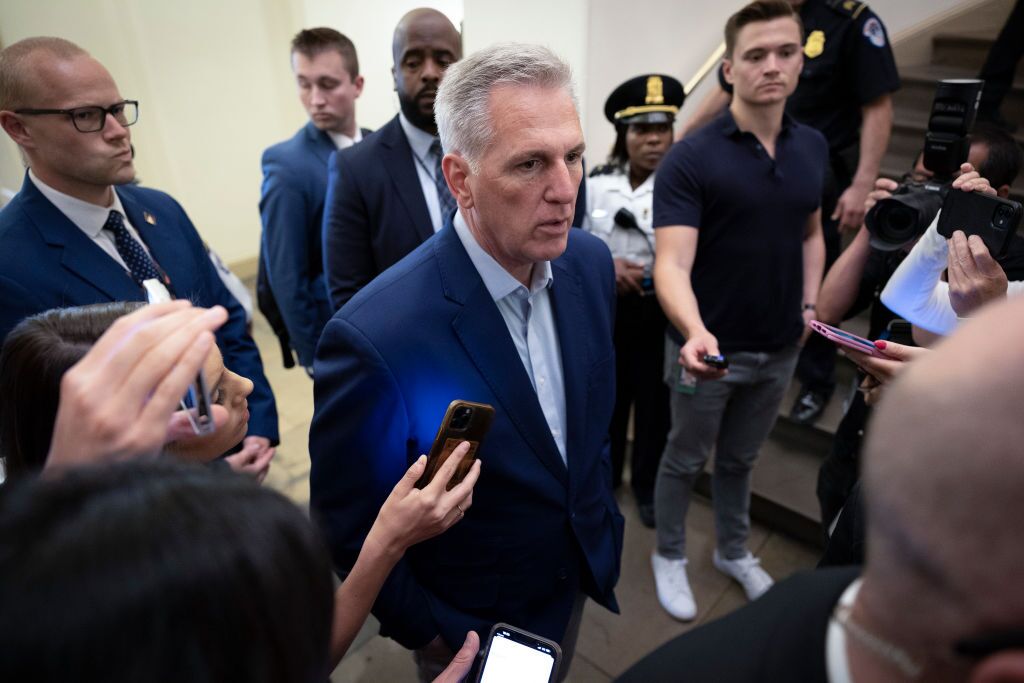 WASHINGTON, DC - MAY 26: U.S. Speaker of the House Rep. Kevin McCarthy (R-CA) speaks to members of the media after arriving at the U.S. Capitol on May 26, 2023 in Washington, DC. Speaker McCarthy discussed the latest development of the debt ceiling negotiations with the White House. (Photo by Win McNamee/Getty Images)