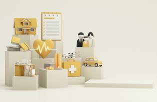 Foto de stock de Cliente da seguradora tira conceito completo de seguro. Garantia e seguro: carro, imóveis e imóveis, viagens, finanças, saúde, família e vida. 3d render amarelo