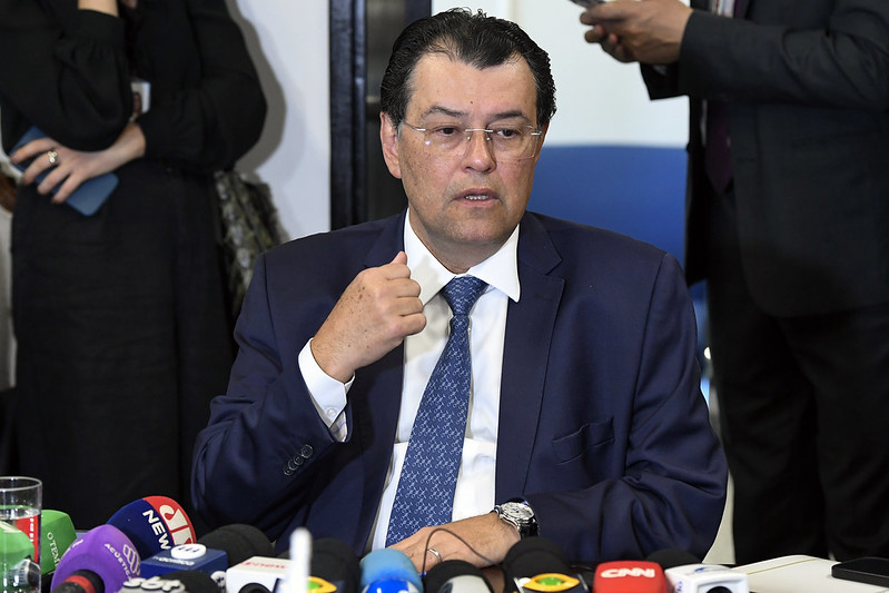 O senador Eduardo Braga (MDB-AM), líder do MDB no Senado Federal, concede entrevista coletiva (Foto: Jefferson Rudy/Agência Senado)