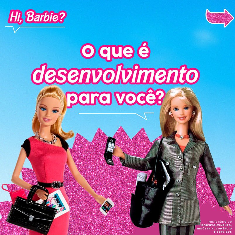 Postagem do Ministério do Desenvolvimento, Indústria, Comércio e Serviços com temática da Barbie nas redes sociais (Arte: redes sociais)