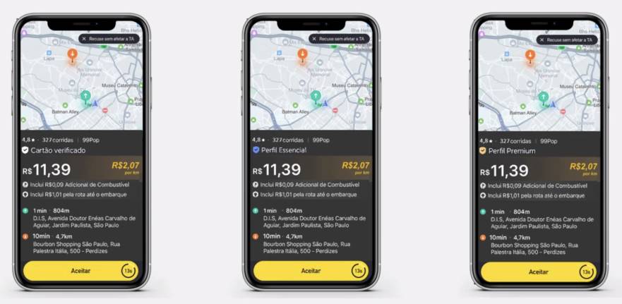 Tipos de perfis na 99 a partir de 17 de agosto