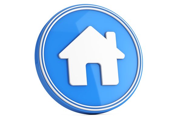 White Home House Icon in Blue Circle Button on a white background. 3d Rendering