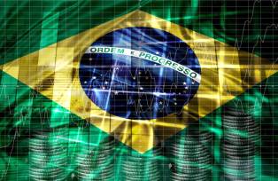 Foto de stock de Bandeira do Brasil, gráfico de indicadores econômico-financeiros, variação cambial, crise no mercado de ações