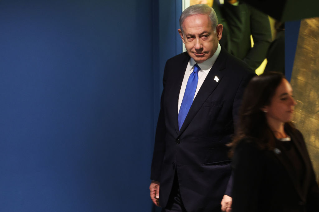 O primeiro-ministro israelense, Benjamin Netanyahu, durante a Assembleia Geral das Nações Unidas em 22 de setembro de 2023, em Nova York (Spencer Platt/Getty Images)