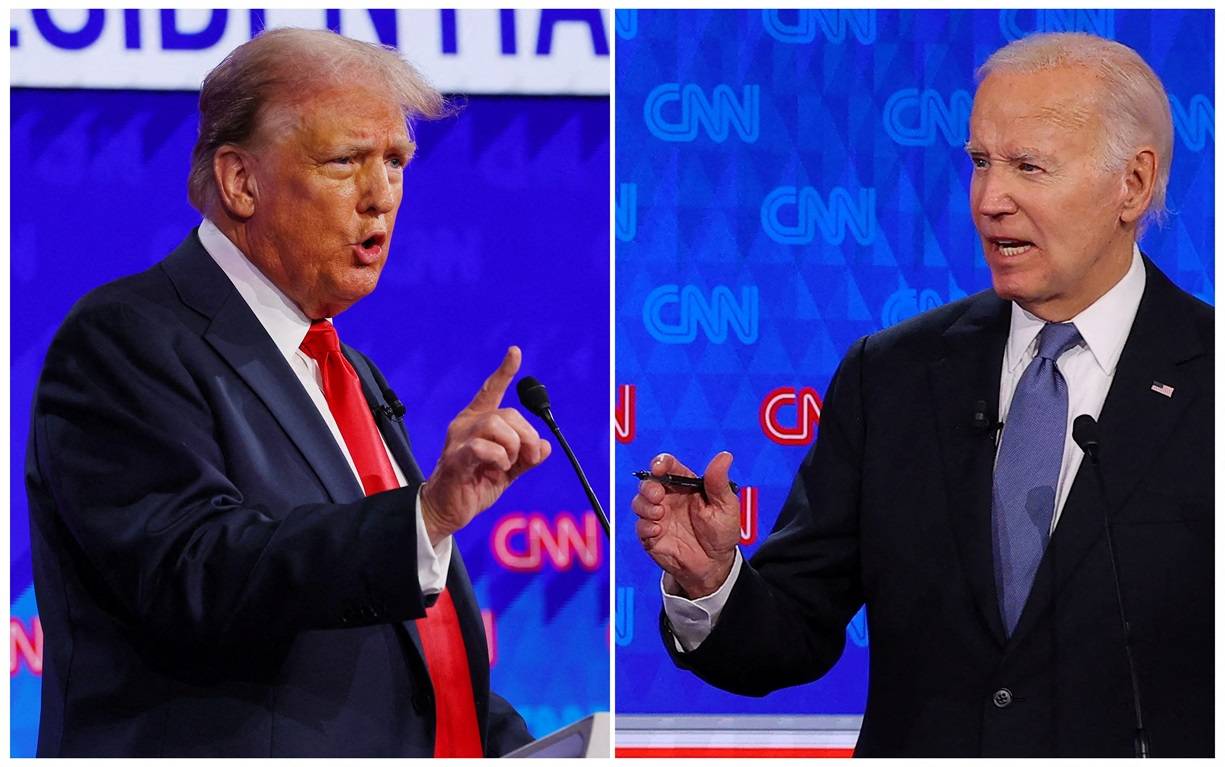 Os candidatos presidenciais republicano, o ex-presidente dos EUA Donald Trump, e democrata, o presidente dos EUA Joe Biden, falam durante debate presidencial em Atlanta, Geórgia, EUA, 27 de junho de 2024, em uma foto combinada. REUTERS/Brian Snyder