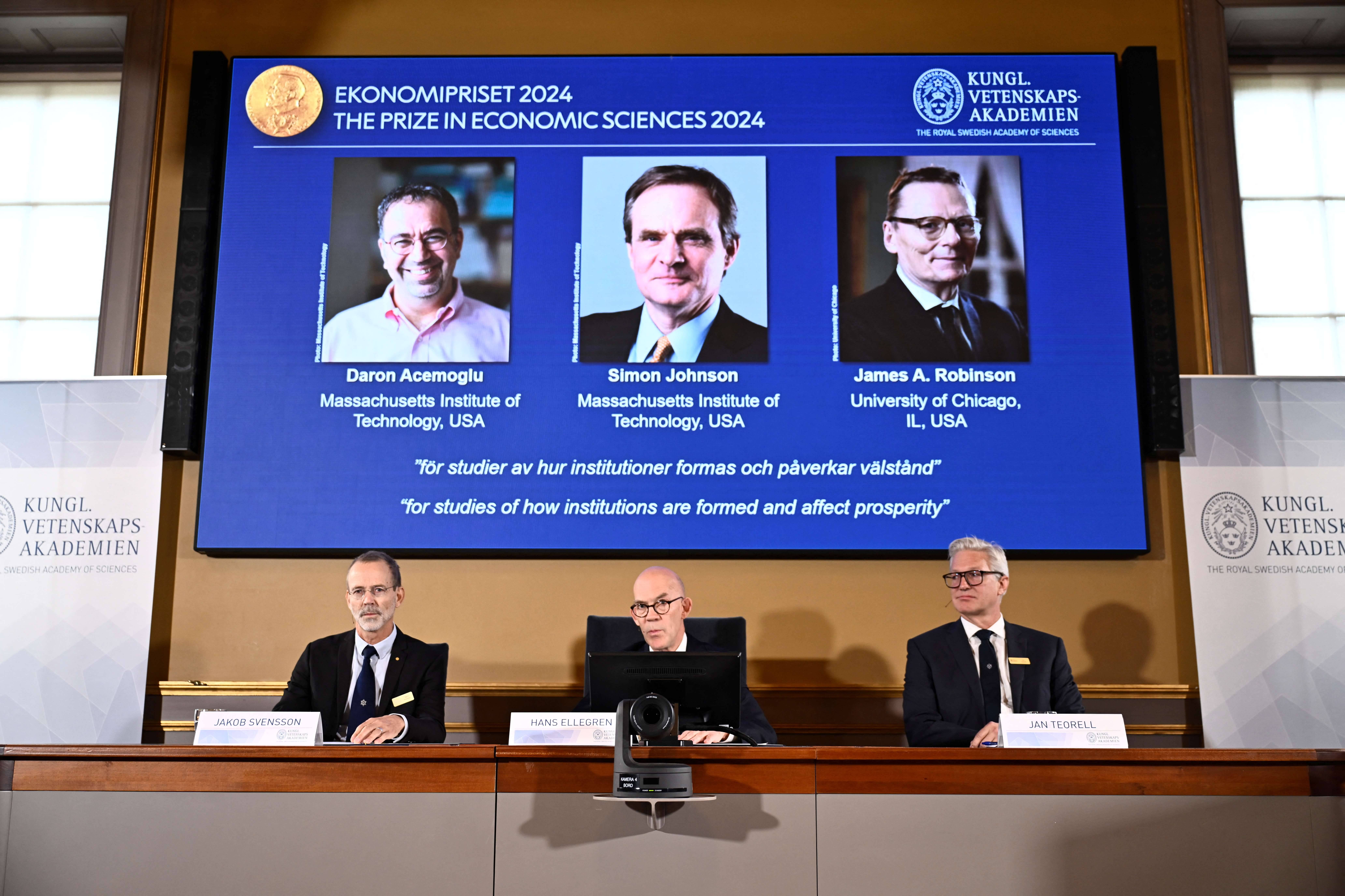 Anúncio dos vencedores do Nobel de Economia pela Academia Sueca de Ciências em Estocolmo, na Suécia 14/10/2024 (Foto: TT News Agency/Christine Olsson via Reuters) 