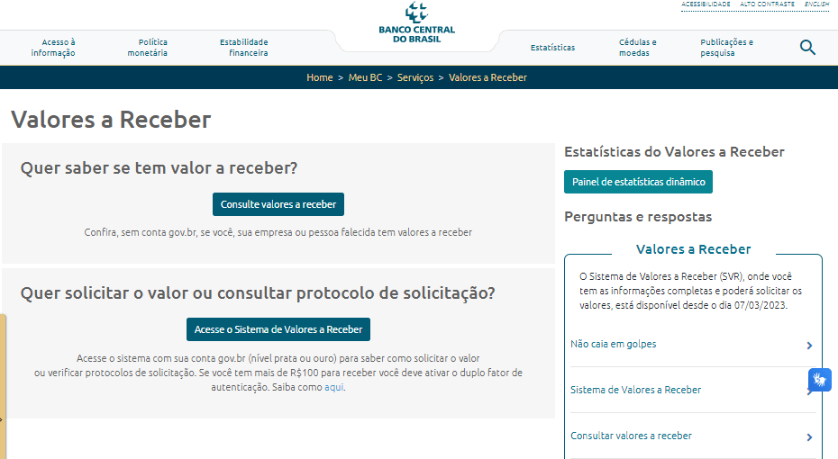 Valores a Receber - Banco Central (Foto: Reprodução/site)