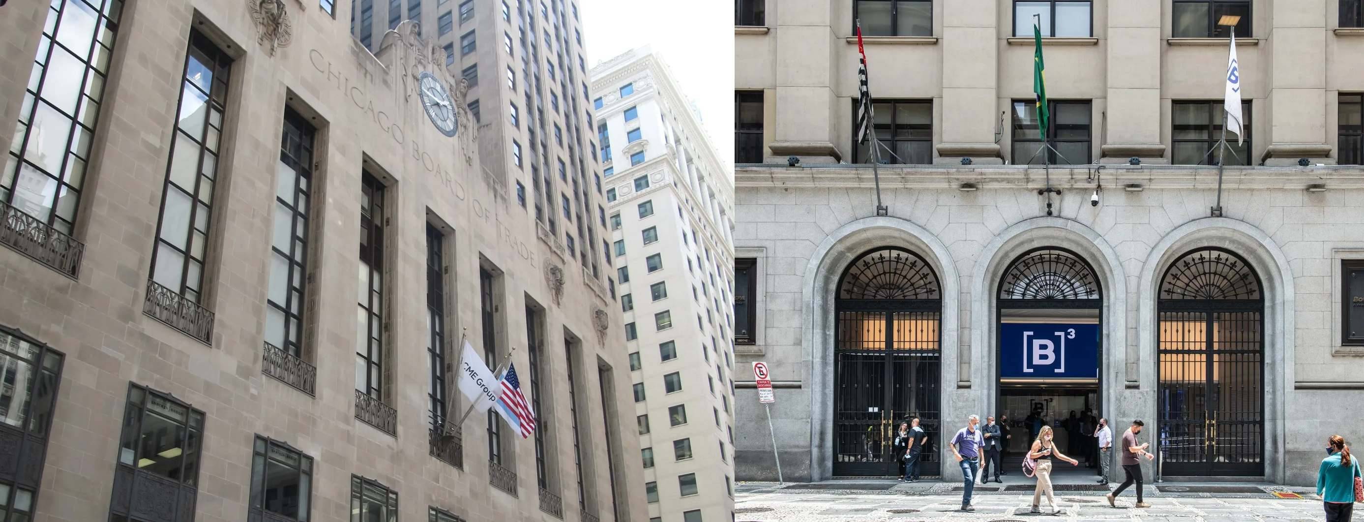 CME Chicago Board of Trade Building Chicago (Crédito: wikimedia commons/Ken Lund) e B3 Bovespa Bolsa de Valores de São Paulo (Germano Lüders/InfoMoney)