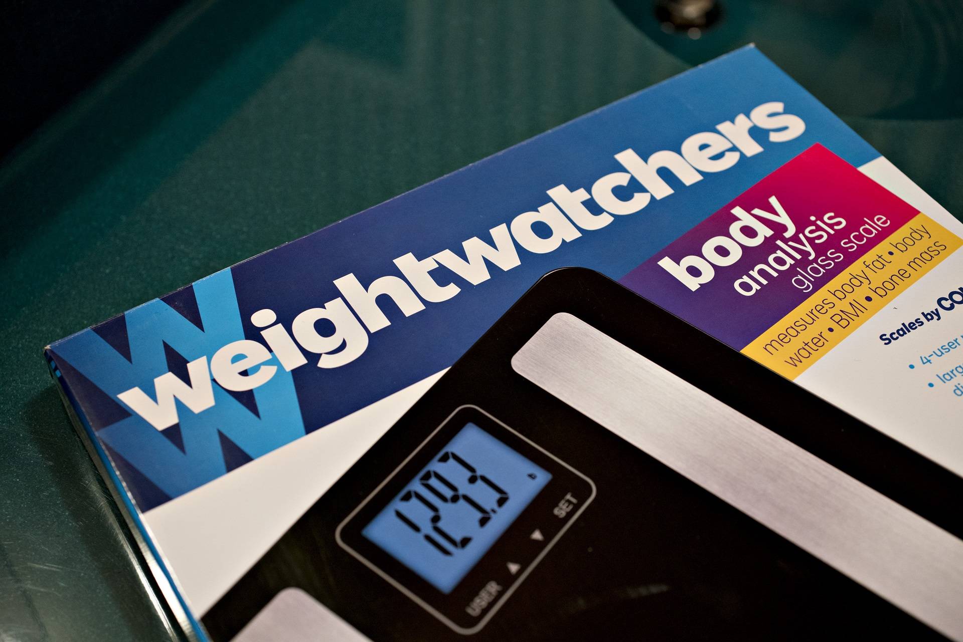 A WeightWatchers brand bathroom scale.