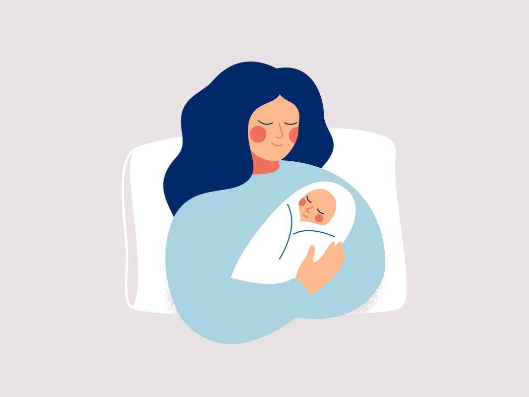 Ilustração de mãe com bebê nos braços em alusão ao salário-maternidade