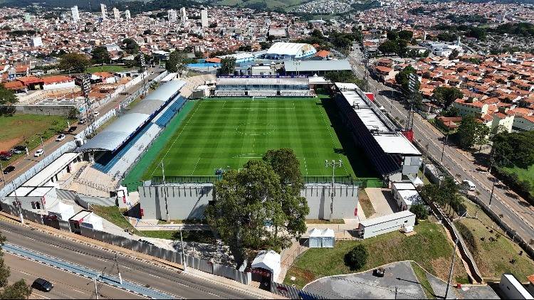 Imagem aérea do Estádio Municipal Cícero de Souza Marques, casa provisória do Red Bull Bragantino (Foto: Álvaro Ramalho/BP Drones)