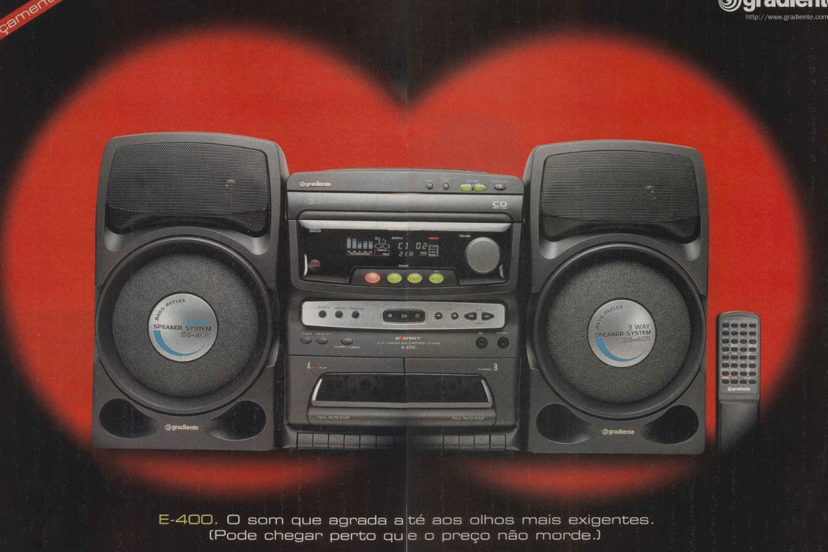 Publicidade do sistema de som E-400 da Gradiente na revista Istoé em 1997. (Foto: Reprodução/Istoé/Propagandas em Revistas Antigas)