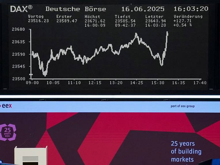 O gráfico do índice de ações DAX da Alemanha é exibido na bolsa de valores de Frankfurt, Alemanha, 16 de junho de 2025. REUTERS/Staff

