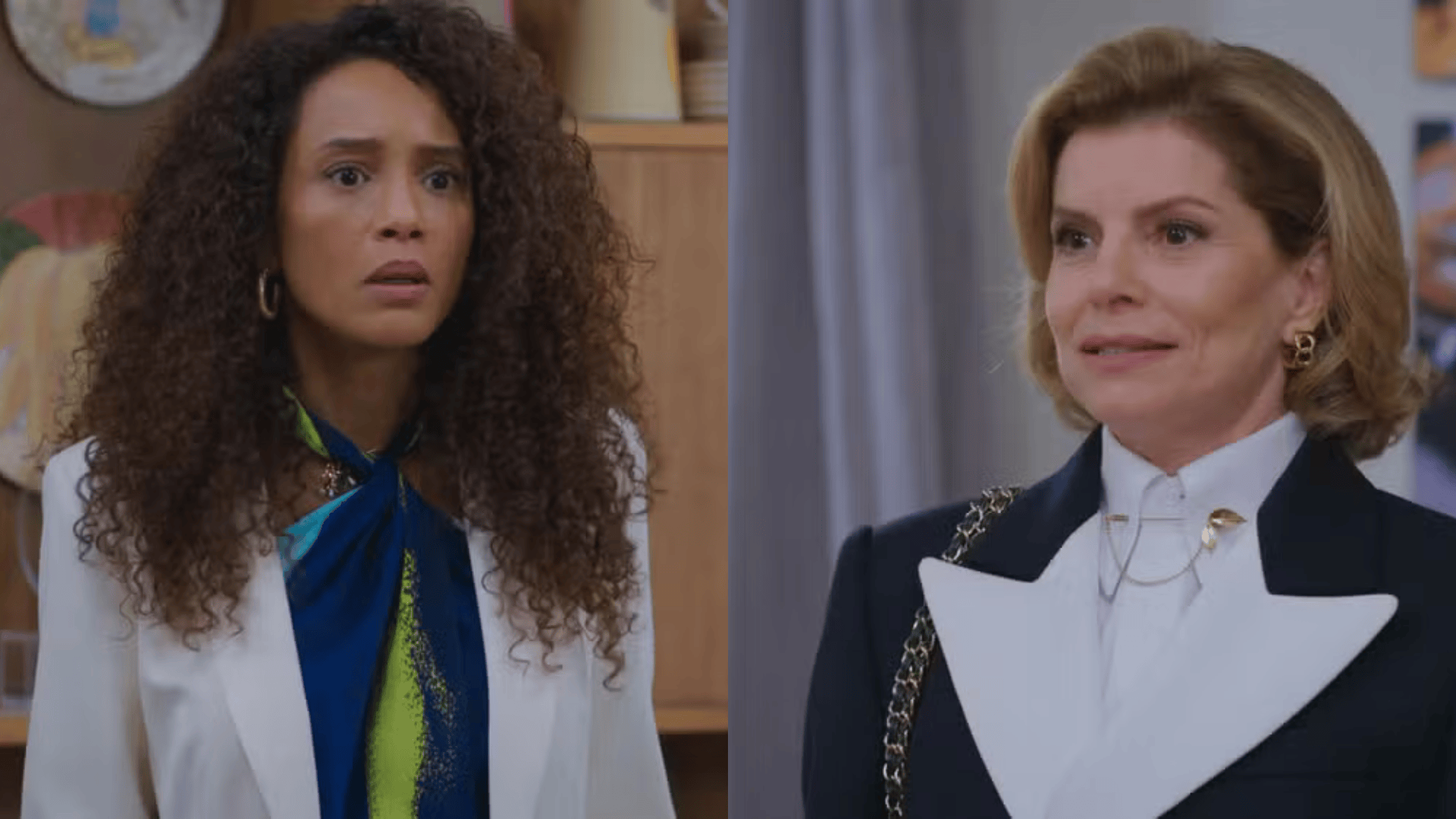 Raquel (Taís Araújo), a mocinha na novela  Vale Tudo, descobre que sua empresa será fechada pela vilã Odete Roitman (Débora Bloch) (Foto: Montagem feita com reprodução de cenas da TV Globo)