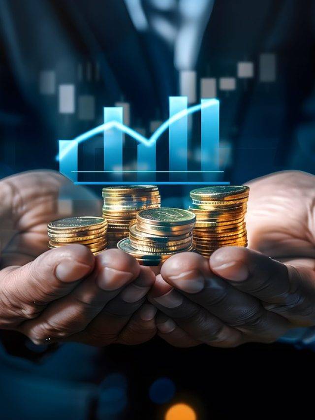 Investidor com moedas nas mãos e gráfico representando dividendos