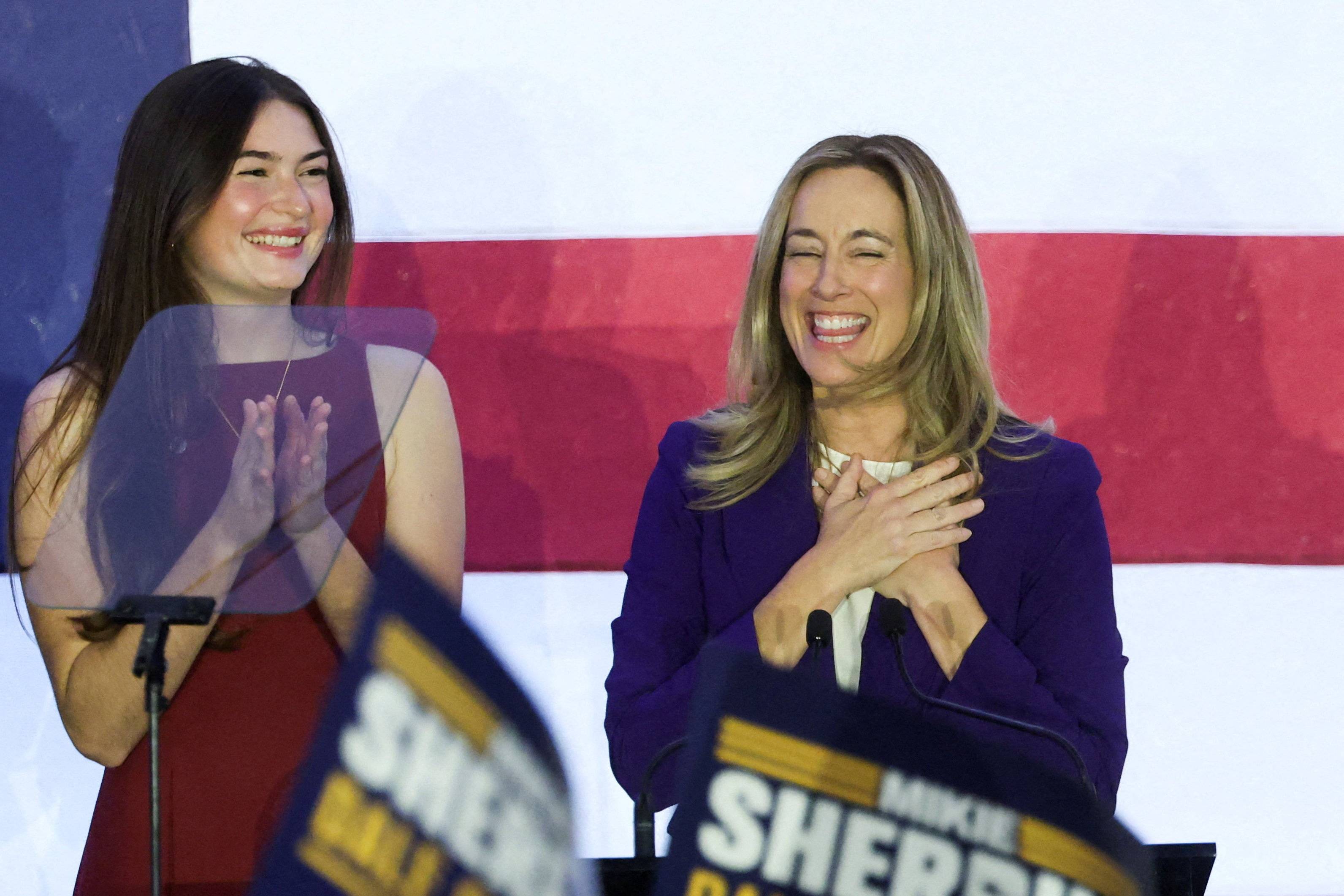 U.S. Representative Mikie Sherrill, Democratic gubernatorial candidate for New Jersey, reacts on stage at her election night rally after U.S. media projected that she won, in East Brunswick, New Jersey, U.S., November 4, 2025. REUTERS/Mike Segar