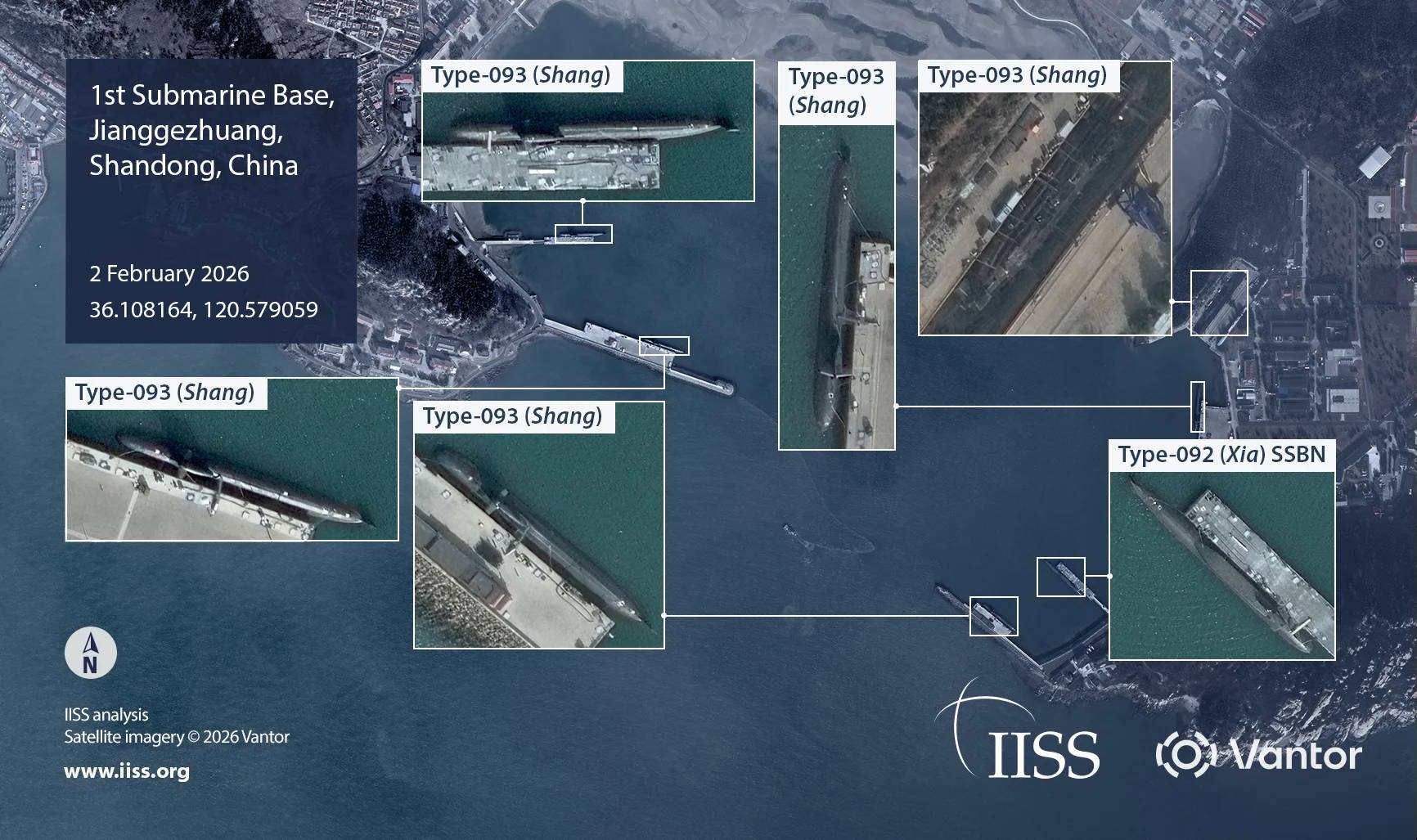 Imagem de satélite mostra docas de produção de submarinos na China (Foto: Reprodução/IISS)