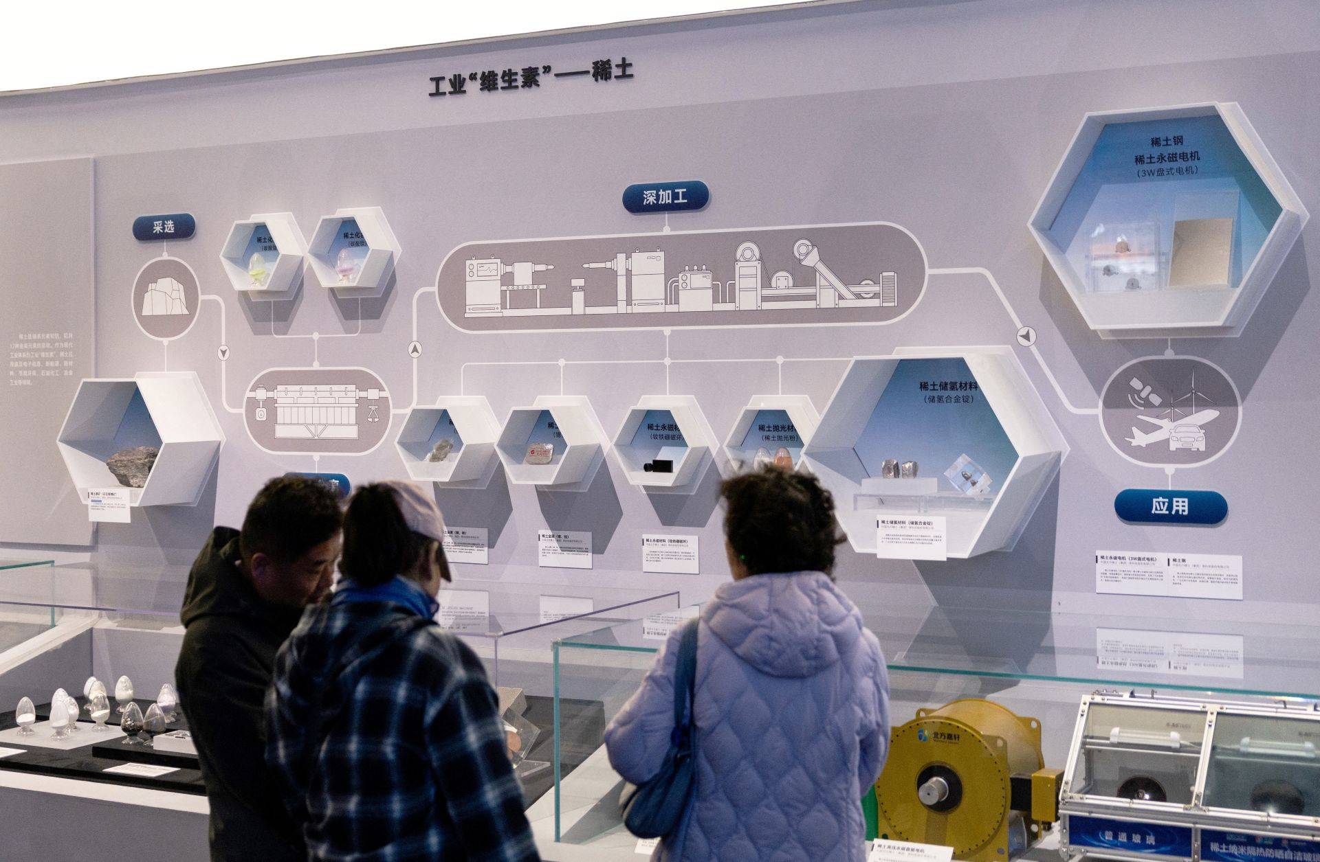 Pessoas se reúnem na seção de produção de elementos de terras raras da exposição sobre as conquistas da manufatura chinesa, no Museu Nacional, em Pequim, China - 24/03/2026 (Foto:  REUTERS/Maxim Shemetov)