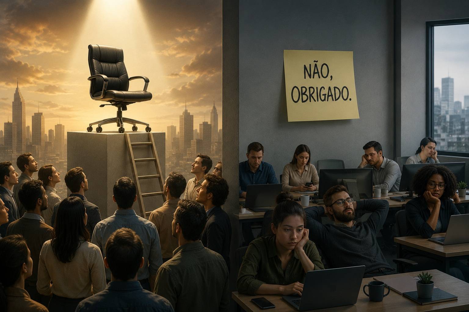 Enquanto jovens dizem que gostariam de liderar algum dia — não agora —, muitos profissionais que chegaram ao topo questionam se o cargo realmente vale o preço cobrado (Foto: Inteligência Artificial)