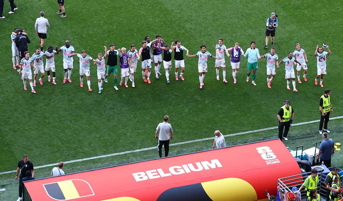 6 de julho de 2026 - Jogadores belgas comemoram classificação para as quartas de final. Foto: REUTERS/Agustin Marcarian