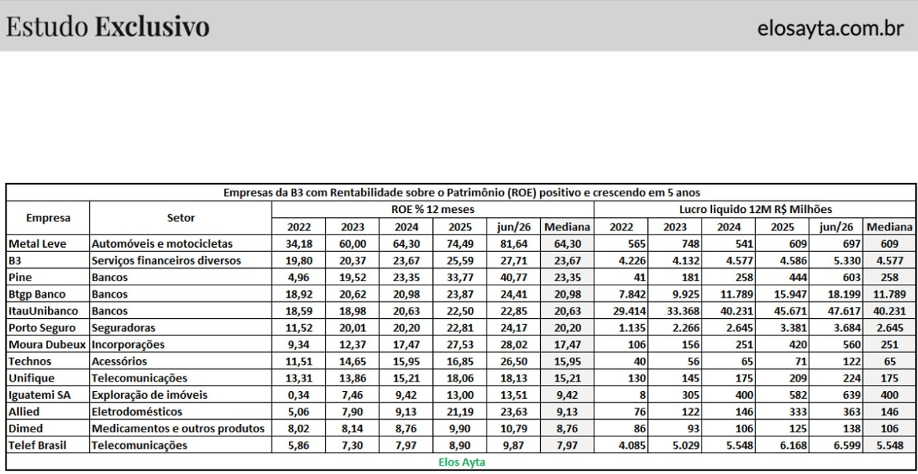 Empresas da B3 com ROE positivo e crescendo em 5 anos 