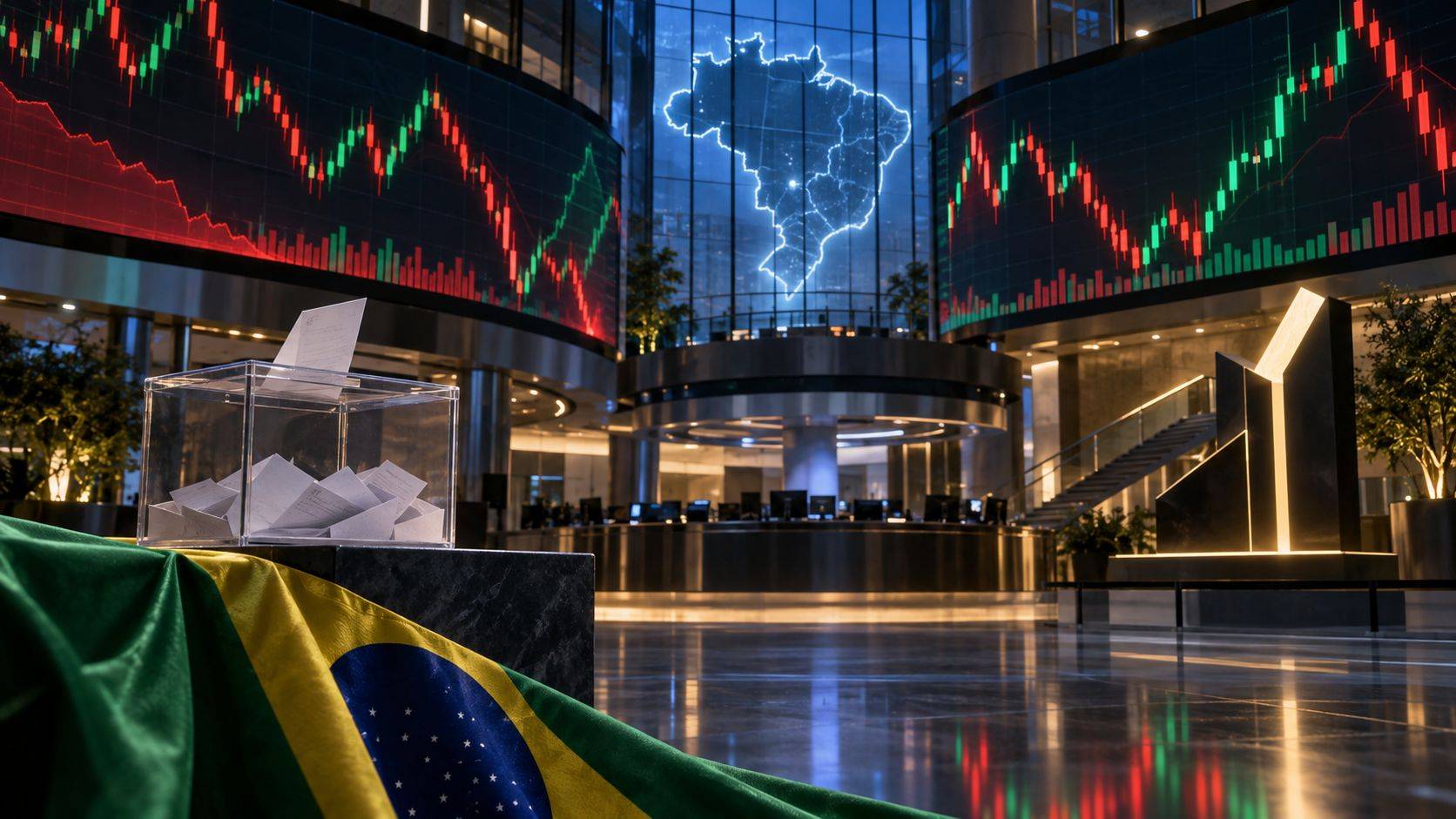 Mercado financeiro brasileiro em período eleitoral, com painéis de ações, urna e referências ao Brasil.