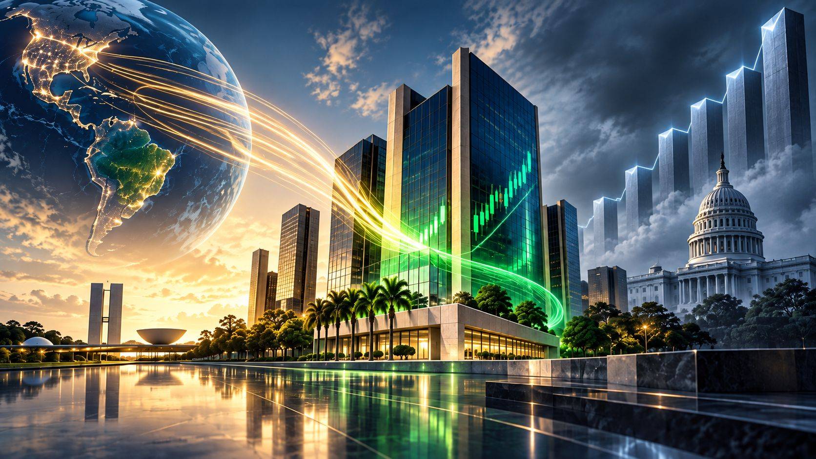 Ilustração conceitual mostra fluxos de capital estrangeiro rumo ao mercado brasileiro, com prédios financeiros, gráfico de alta e referência aos EUA ao fundo.
