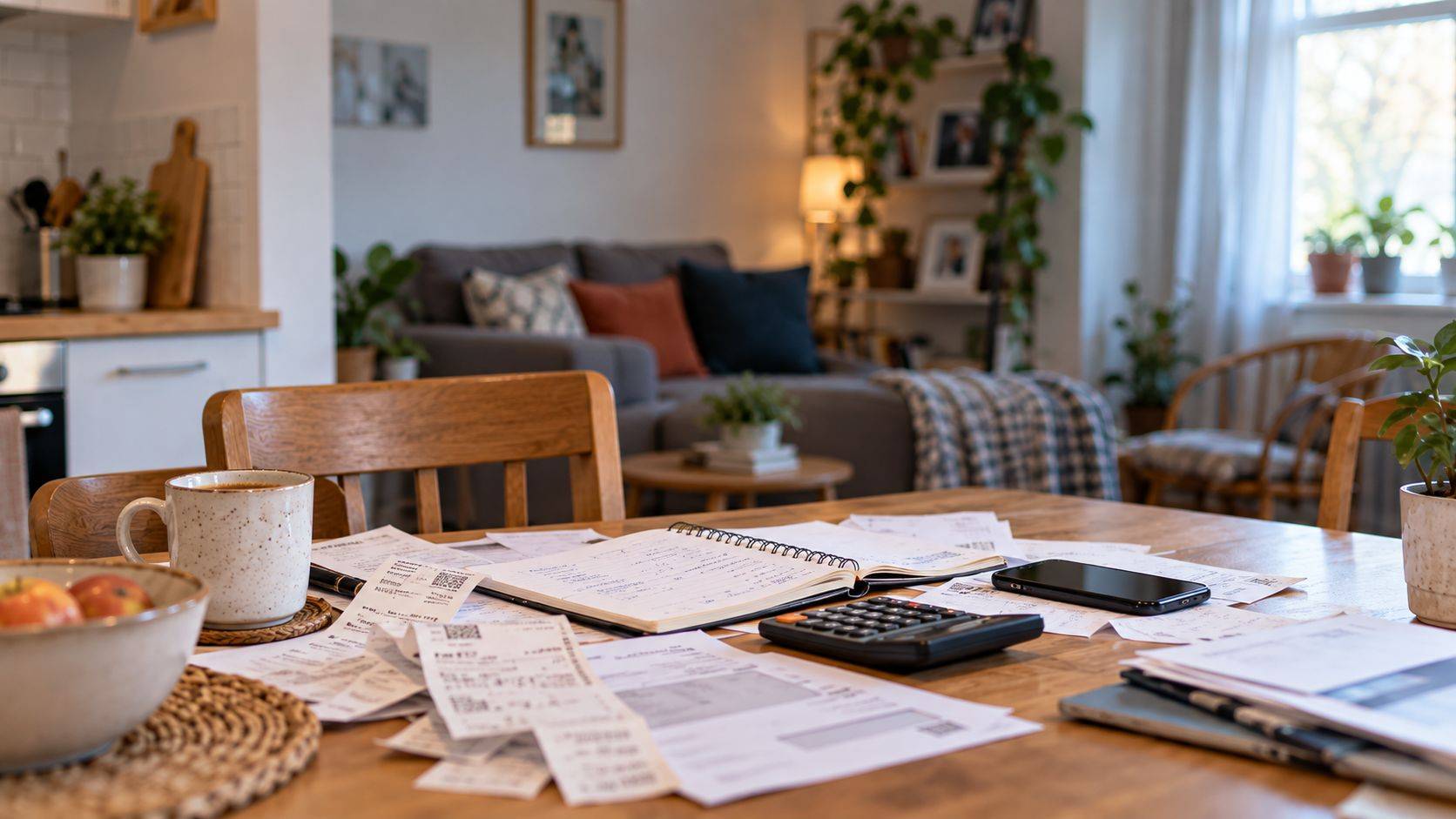 Contas, recibos, calculadora e celular sobre mesa ilustram dificuldades financeiras e organização do orçamento doméstico.