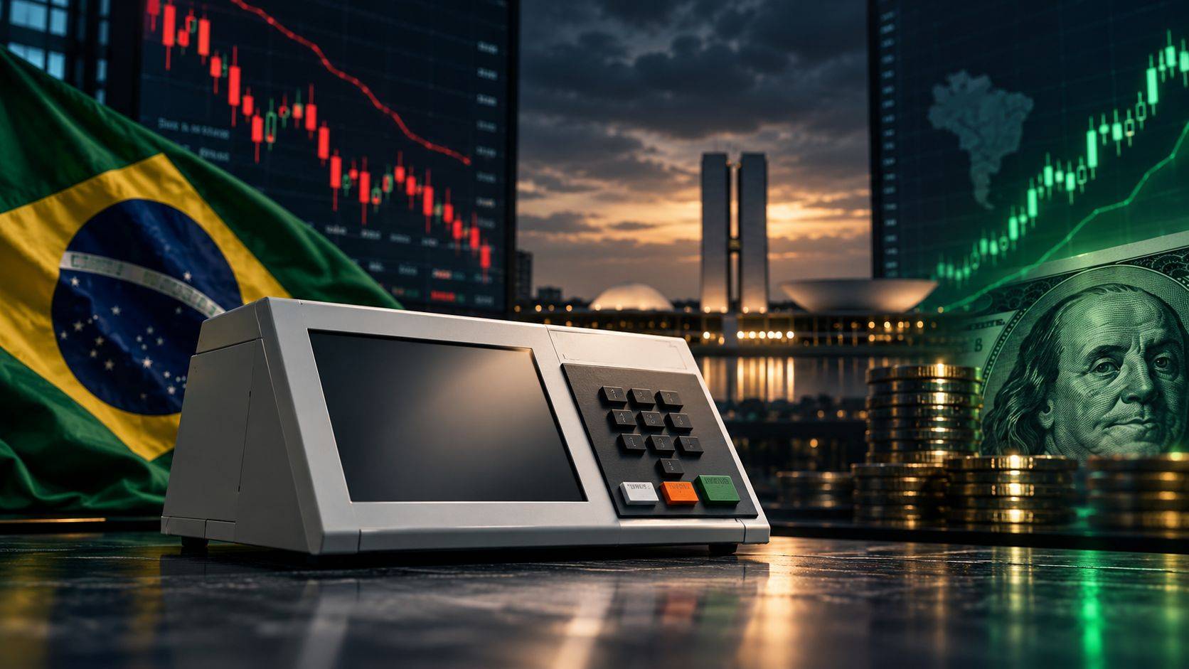 Urna eletrônica com gráficos de mercado, bandeira do Brasil e referência ao dólar em meio à reta final eleitoral.