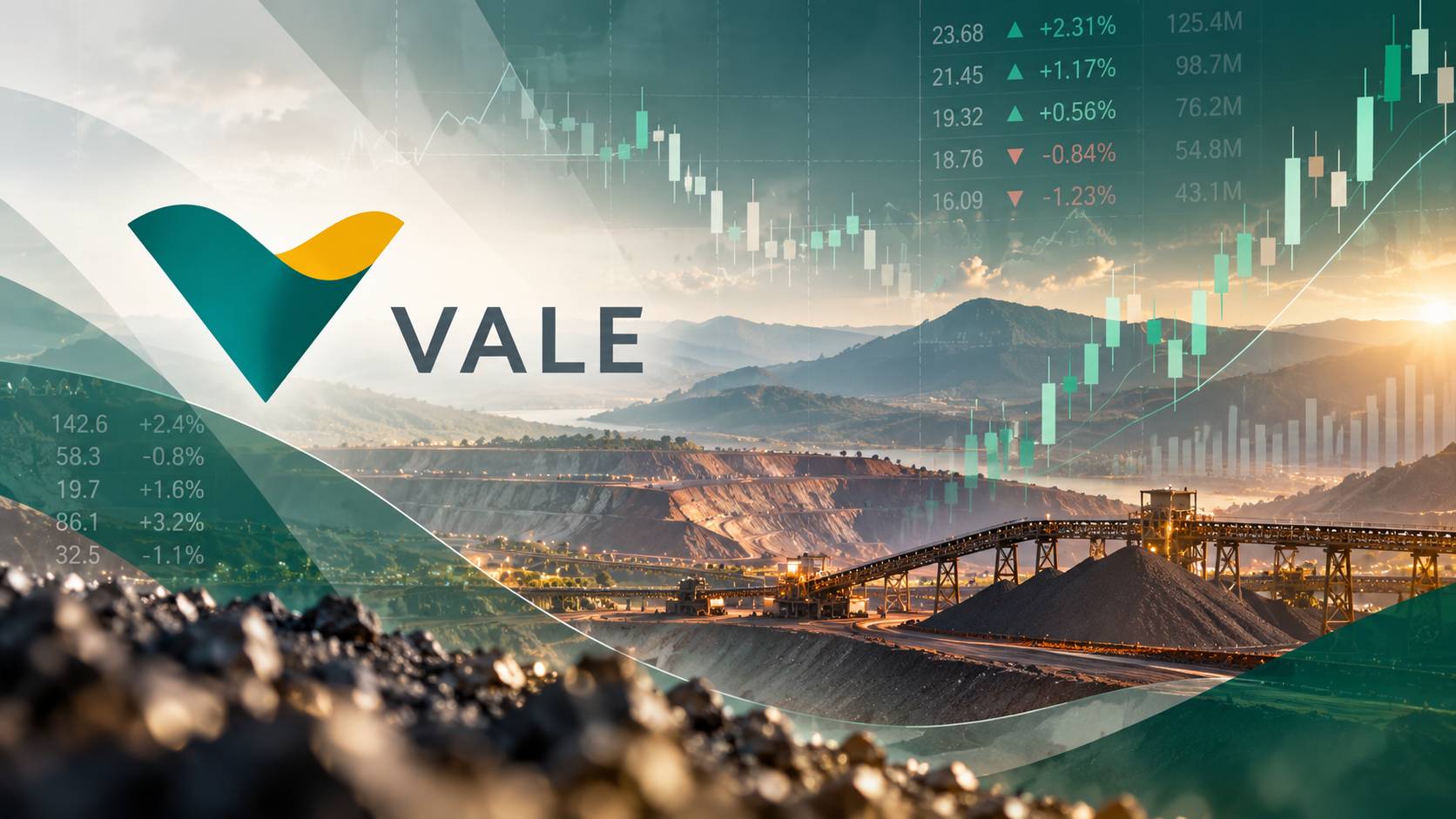 Vale, mineração e gráficos financeiros em composição ilustrativa sobre VALE3