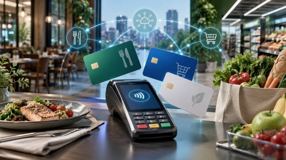 Vale-refeição, vale-alimentação, benefícios corporativos, cartões, meios de pagamento, restaurante, supermercado, alimentação, pagamentos digitais, interoperabilidade, mercado de benefícios, PAT, tecnologia financeira, concorrência bancária. Imagem gerada com uso de IA.
