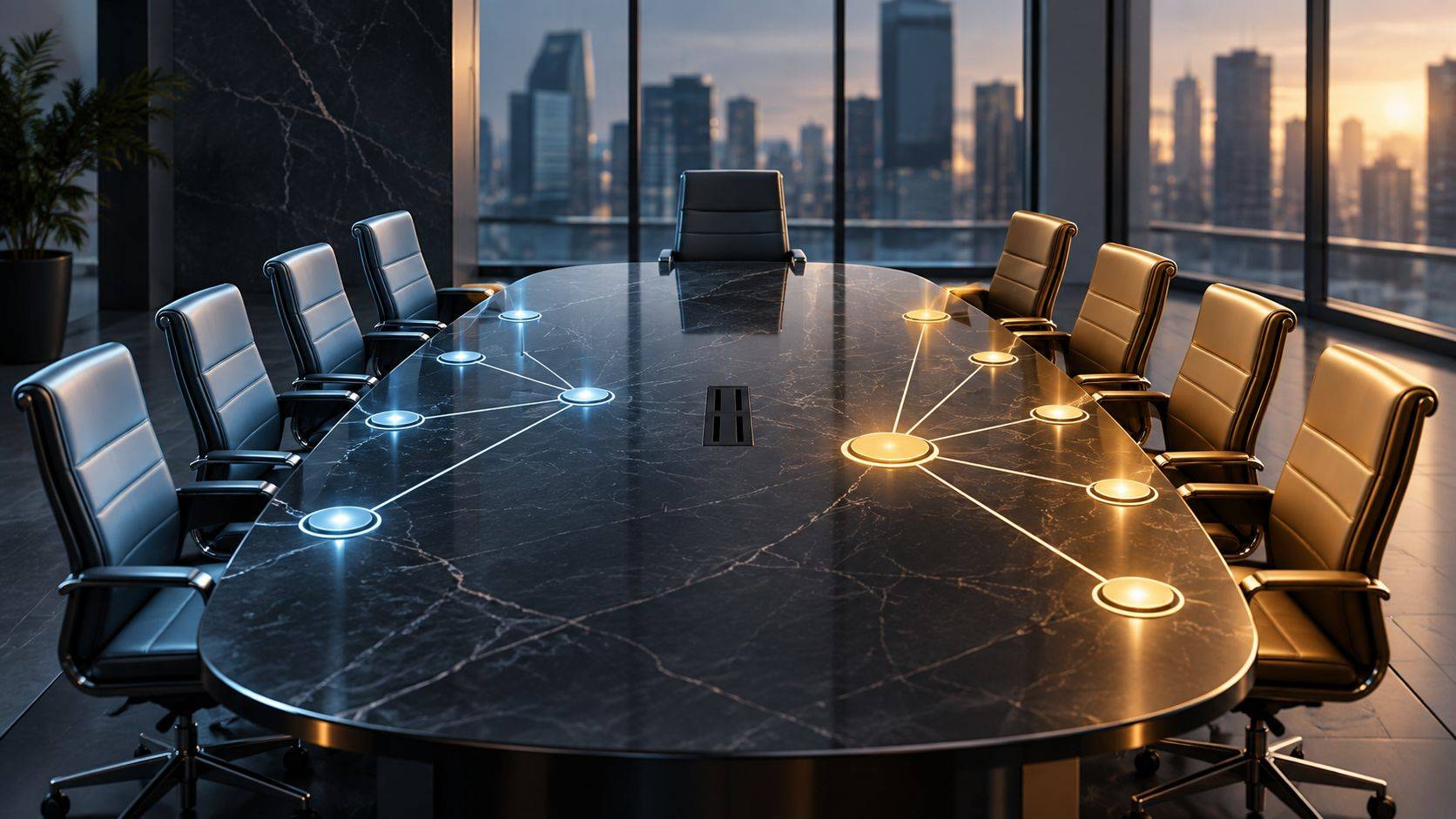 Ilustração de uma sala de conselho com cadeiras e conexões visuais representando independência e influência na composição dos conselhos de administração.