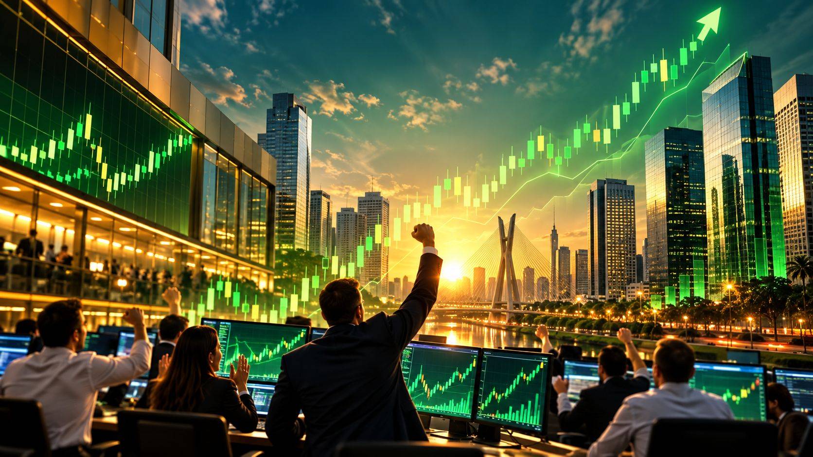 Ilustração de mercado financeiro em forte alta, com gráficos verdes, operadores e prédios do centro financeiro de São Paulo.