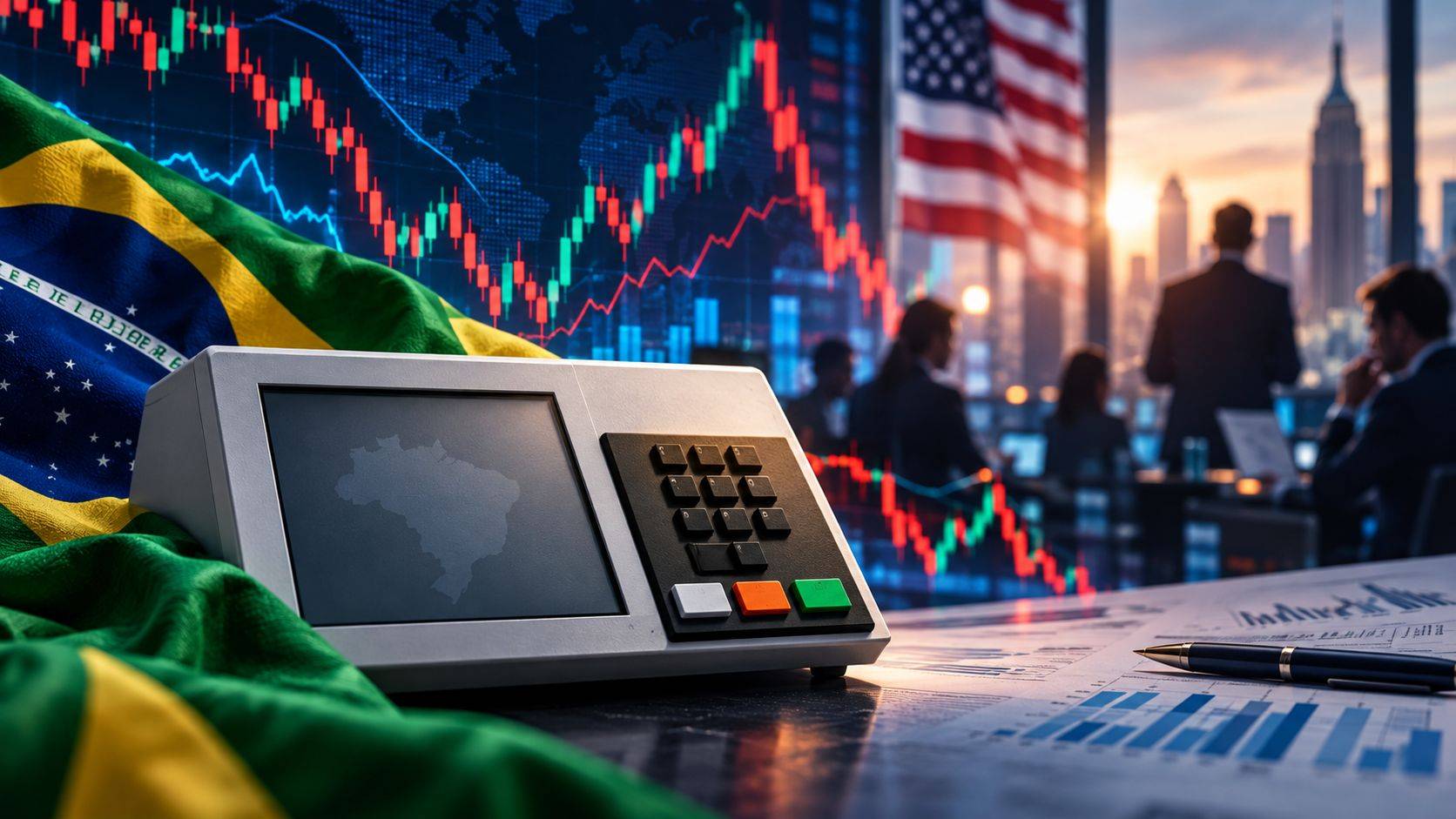 Urna eletrônica brasileira diante de gráficos de mercado, com referências ao Brasil e aos Estados Unidos antes do primeiro turno.