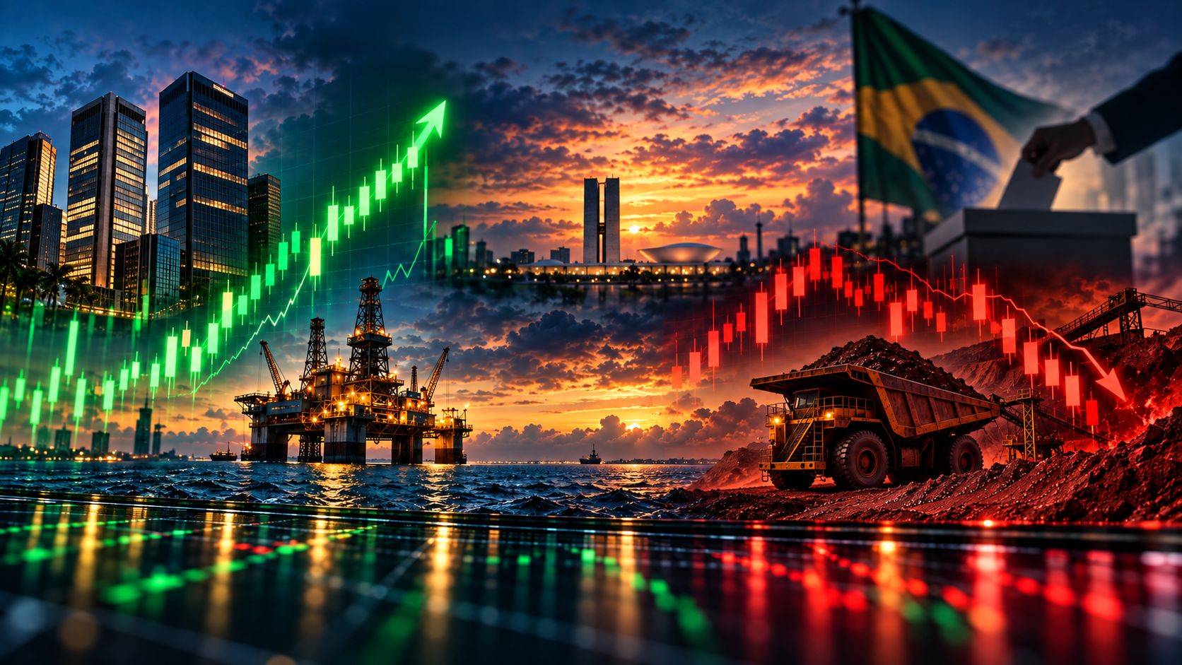 Mercado financeiro brasileiro após a eleição, com gráficos de alta e queda, plataforma de petróleo e mineração